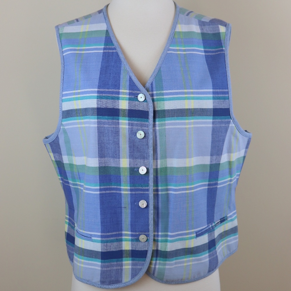 Talbots Blue Plaid 5 Button Vest Size Large